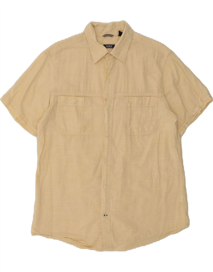 IZOD Mens Short Sleeve Shirt Medium Yellow Pinstripe Cotton Vintage Izod and Second-Hand Izod from Messina Hembry 