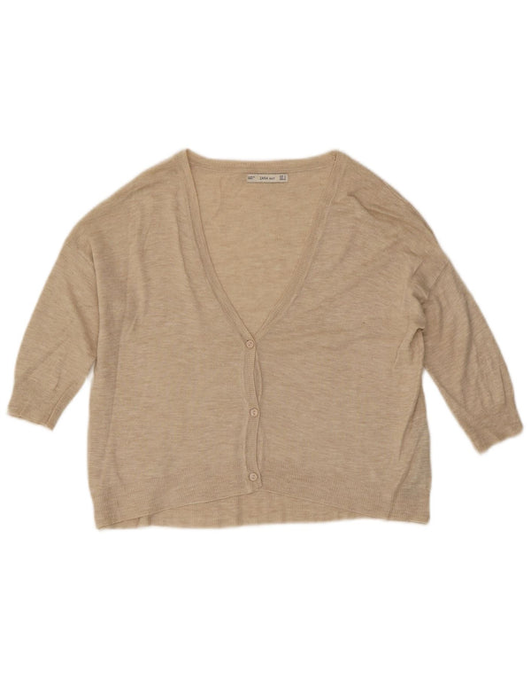 Zara Mujer Crop Cárdigan De Manga 3/4 Suéter UK 10 Small Beige Moteado
