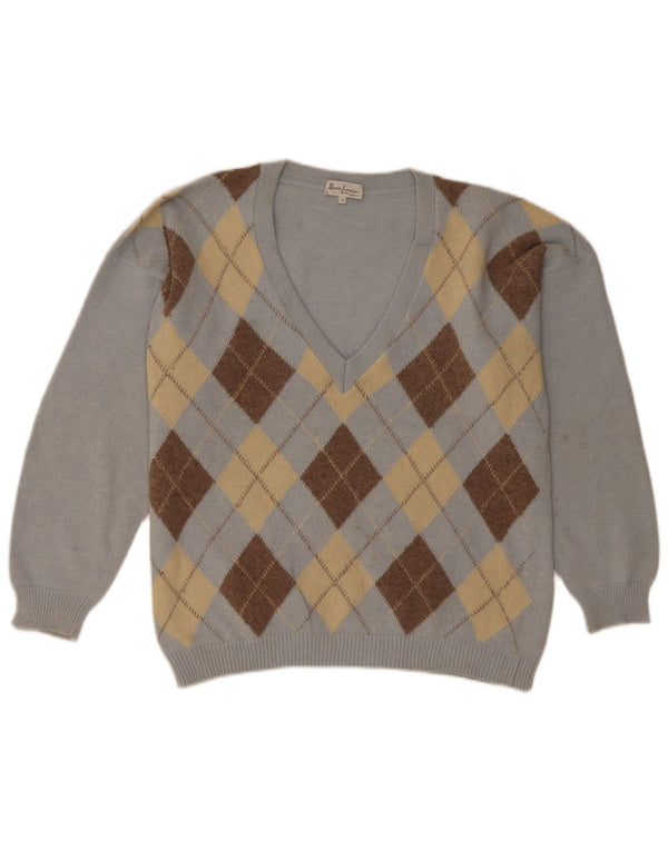 Pulover vintage pentru femei cu decolteu în V UK 18 XL Blue Argyle/Diamond