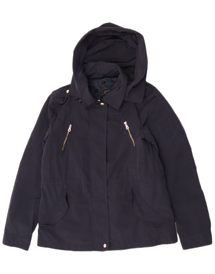 Zara Womens Hooded Military Bomber Jacket UK 14 Medium Navy Blue Polyester