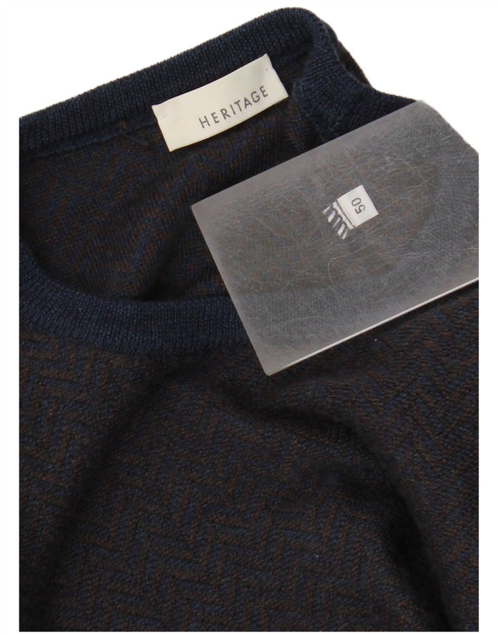 HERITAGE Mens Crew Neck Jumper Sweater IT 50 Medium Navy Blue Chevron