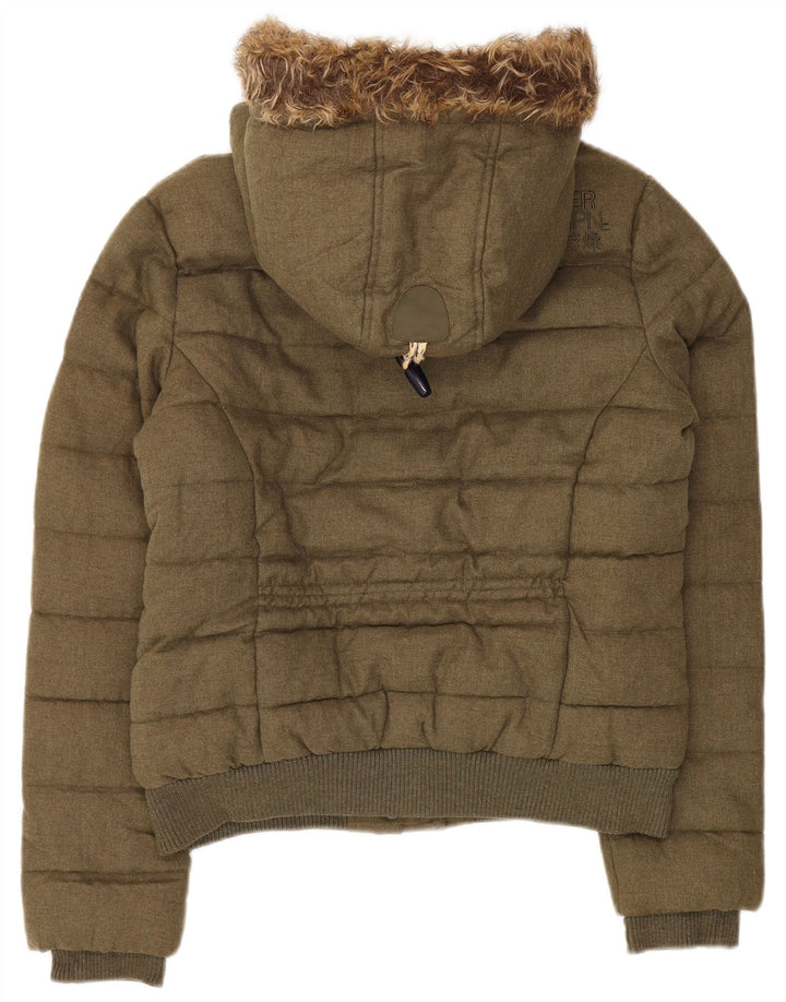 Superdry Womens Hooded Duffle Padded Jacket UK 14 Medium Khaki Winter
