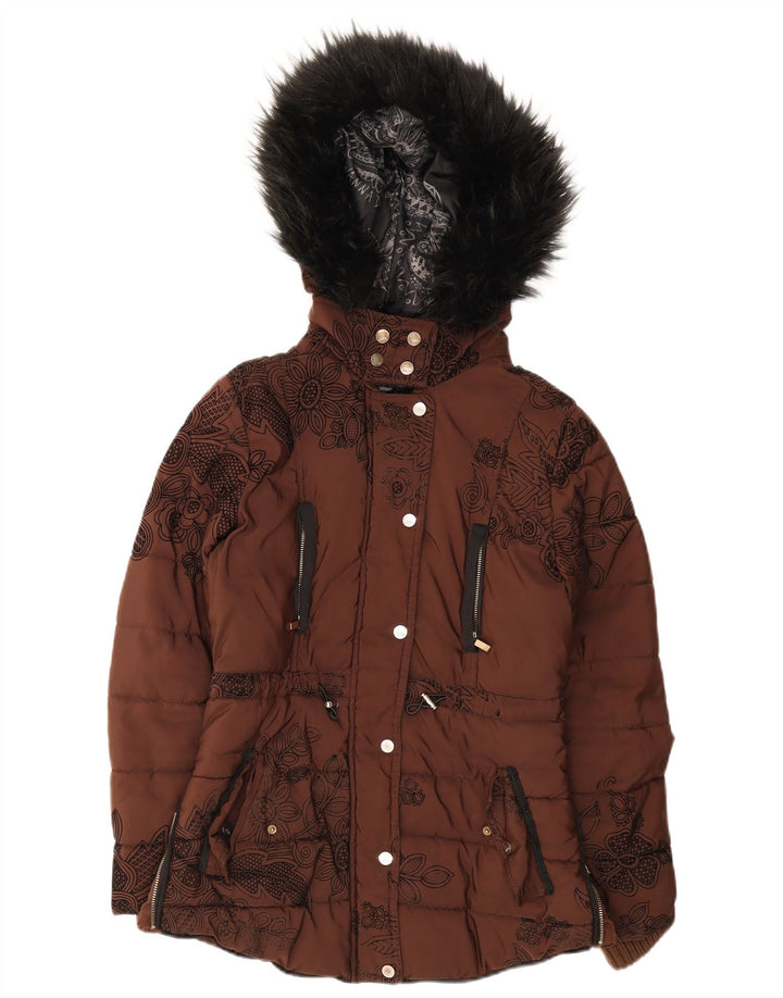 Desigual Womens Hooded Oversized Padded Jacket EU 36 Small Brown Floral