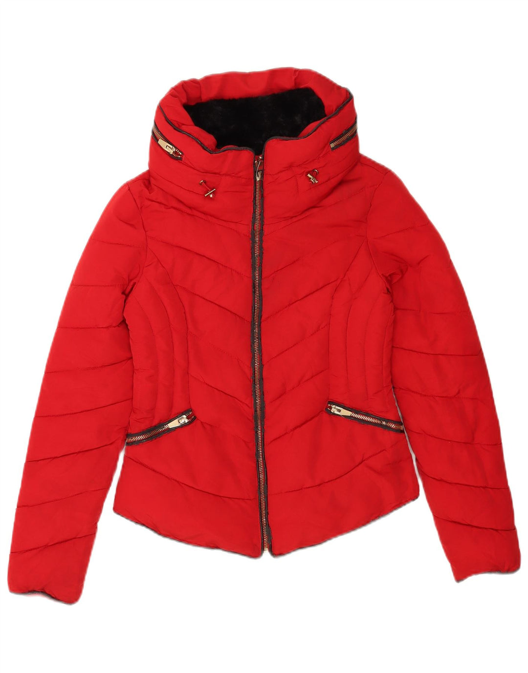 Zara Womens Hooded Padded Jacket UK 6 XS Red Polyester