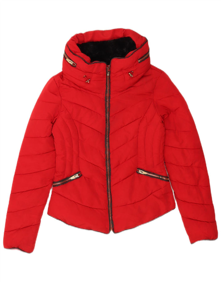 Zara Womens Hooded Padded Jacket UK 6 XS Red Polyester
