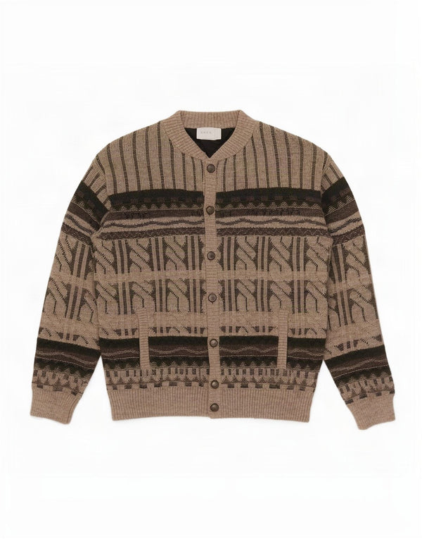 vintage Mens Cardigan Sweater IT 52 Grande laine géométrique marron