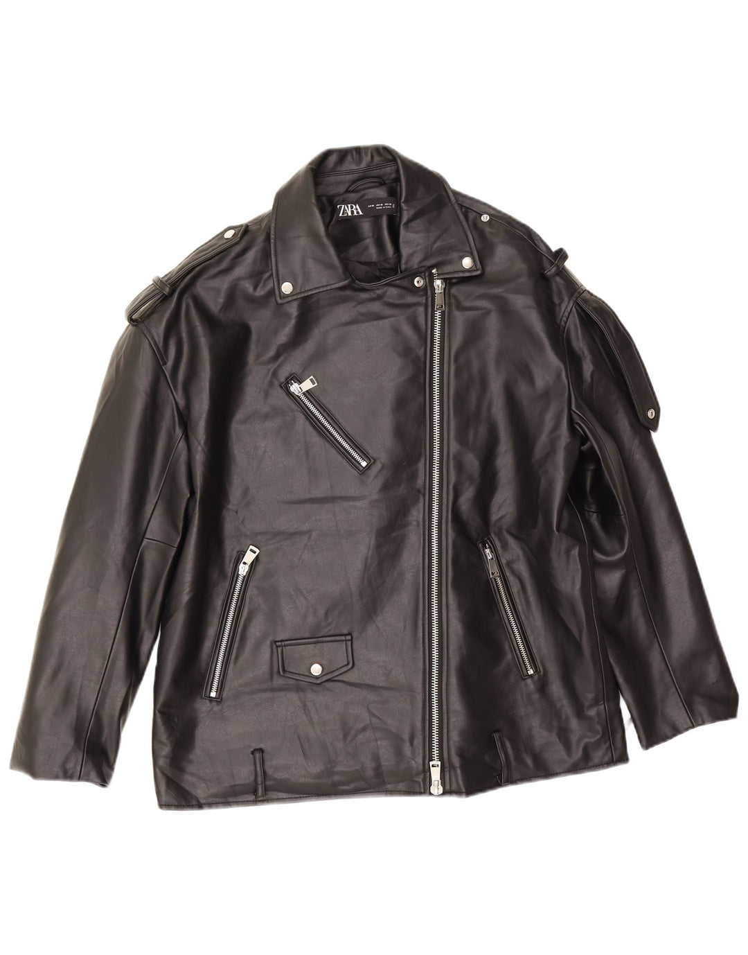Zara Mens Oversized Faux Leather Biker Jacket UK 14 Medium Black Polyester