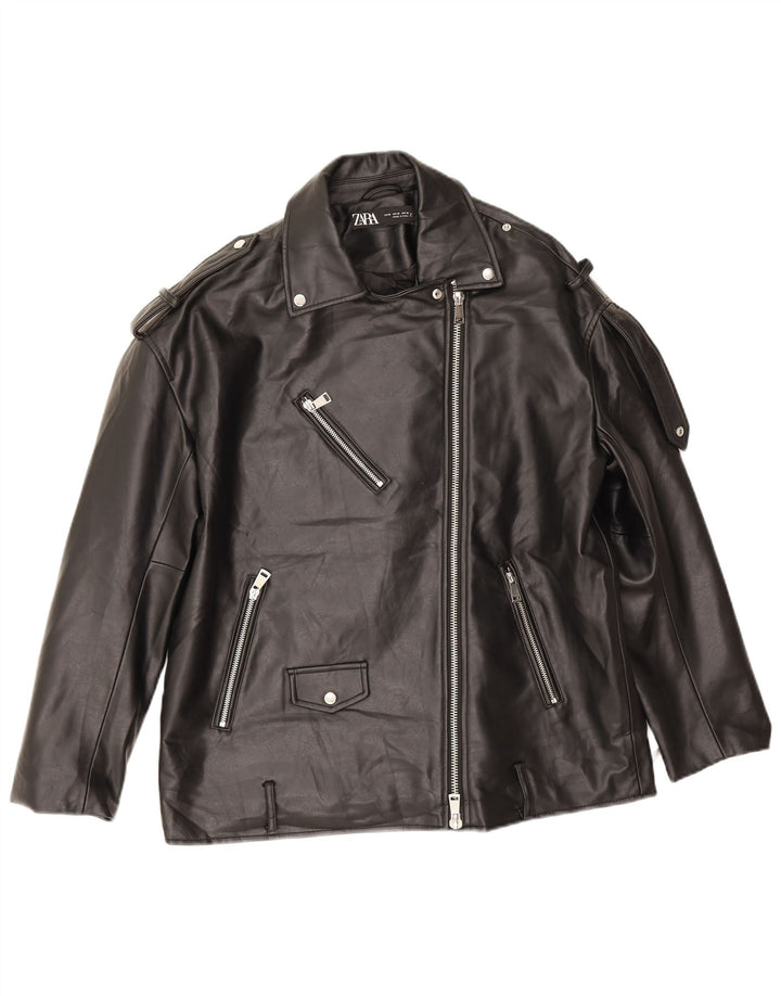 Zara Mens Oversized Faux Leather Biker Jacket UK 14 Medium Black Polyester