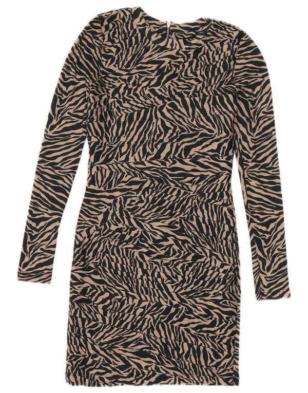 Topshop Womens Long Sleeve Sheath Dress UK 6 XS Beige Animal Print