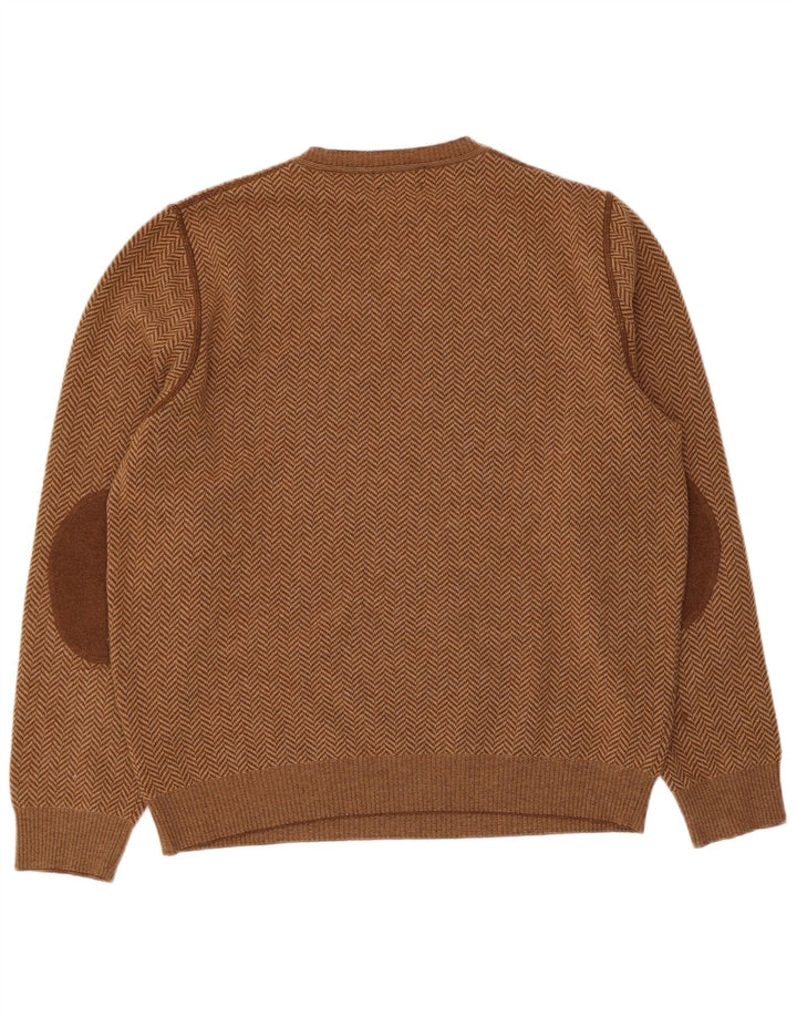 Massimo Dutti Mens V-Neck Jumper Sweater Large Brown Herringbone Wool