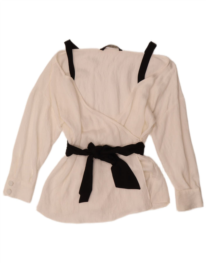 ZARA Womens 3/4 Sleeve Wrap Shirt Blouse UK 10 Small White Polyester