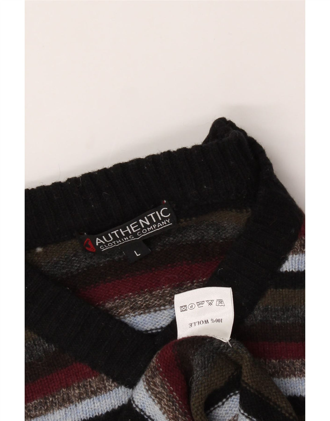 AUTHENTIC Mens V-Neck Jumper Sweater Large Multicoloured Striped Wool Vintage Authentic and Second-Hand Authentic from Messina Hembry 
