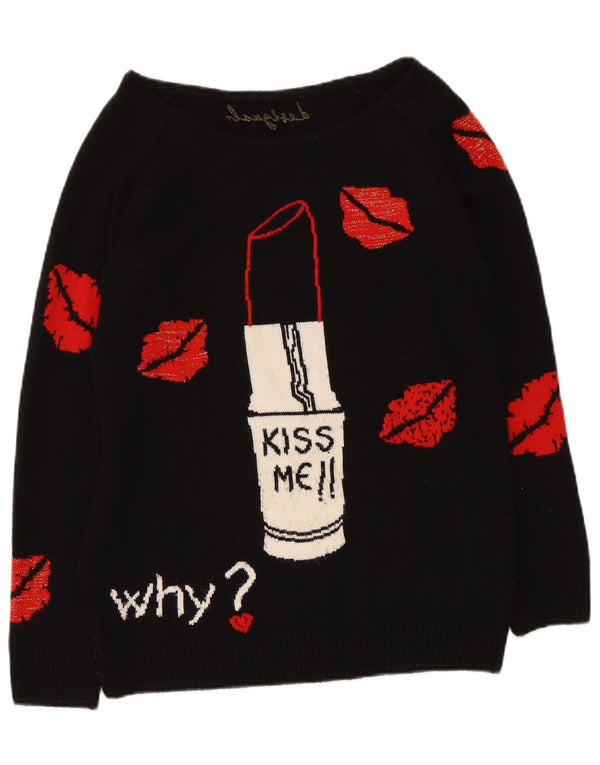 Desigual Dame Grafisk Boat Neck Jumper Sweater UK 12 Medium Sort