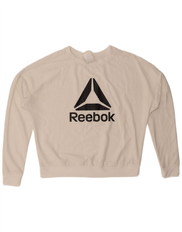 REEBOK Womens Oversized Graphic Sweatshirt Jumper UK 8/10 Small White