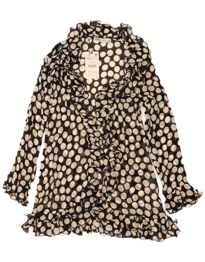 Zara Womens Ruffle Front Robe Dress UK 12 Medium Black Polka Dot Viscose