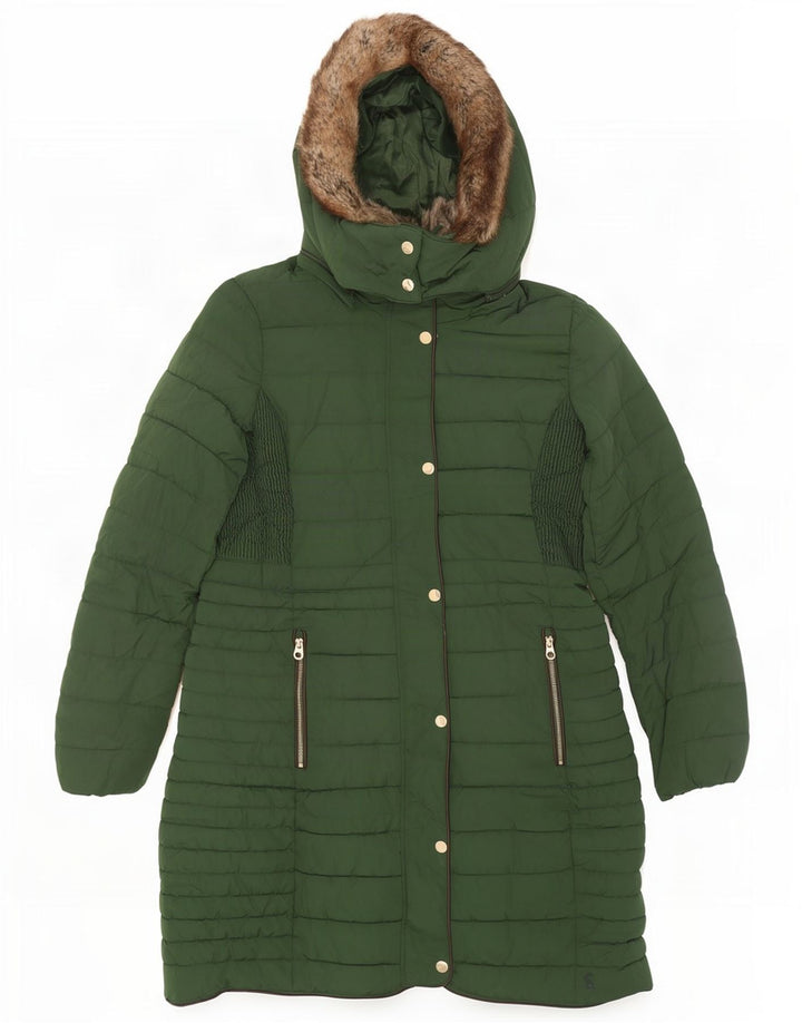 Casaco acolchoado com capuz feminino Joules UK 12 poliéster verde médio
