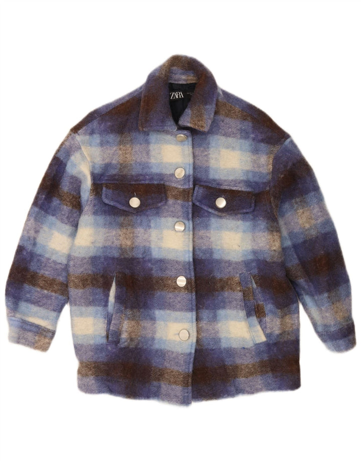 Zara Womens Oversized Shacket Jacket UK 6 XS Blue Plaid Wool