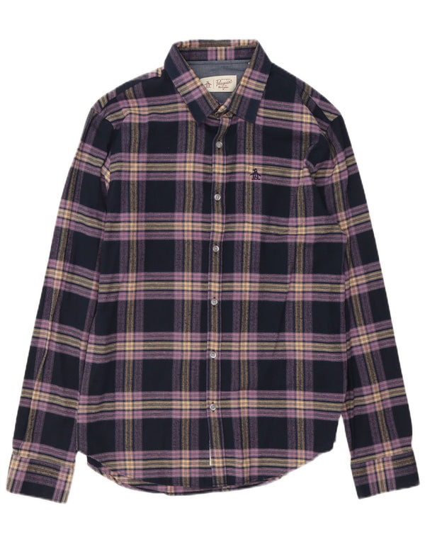 Penguin Mens Flannel Shirt Medium Navy Blue Check Cotton