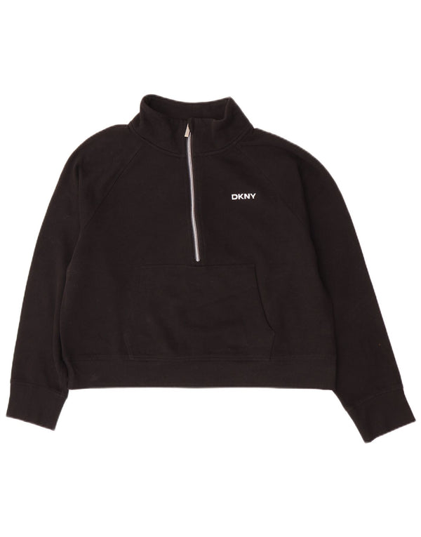 Dkny Womens Crop Zip Neck Sweatshirt Jumper UK 16 Large Black Bomuld
