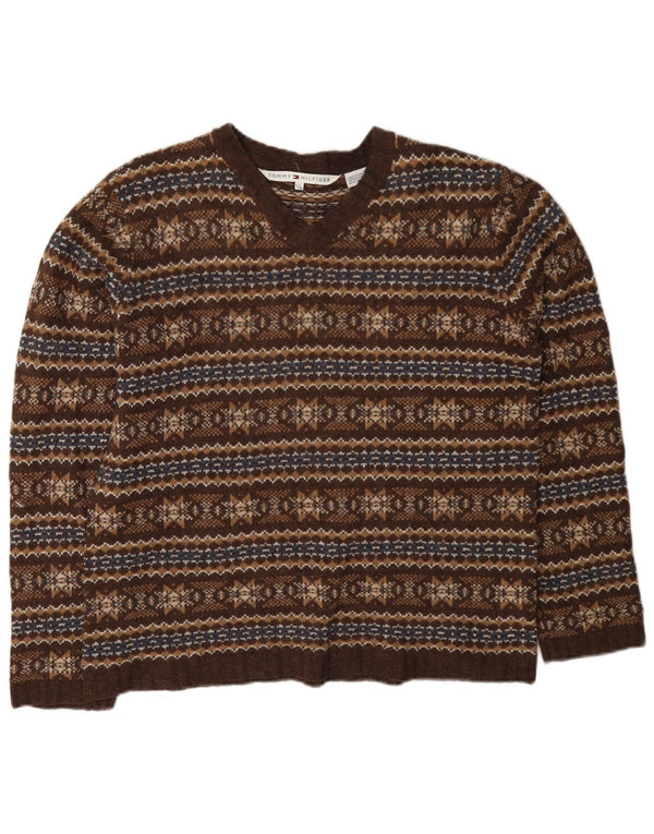 Tommy Hilfiger Pull col en V pour femme UK 14 Large Marron Fair Isle