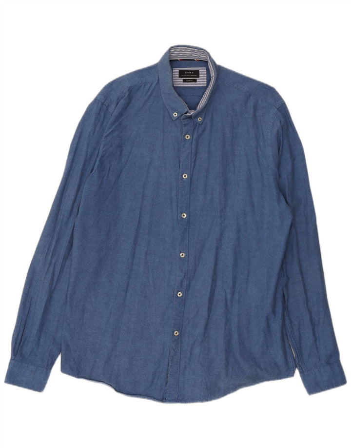 Zara Herren-Slim-Fit-Hemd, groß, aus blauer Baumwolle