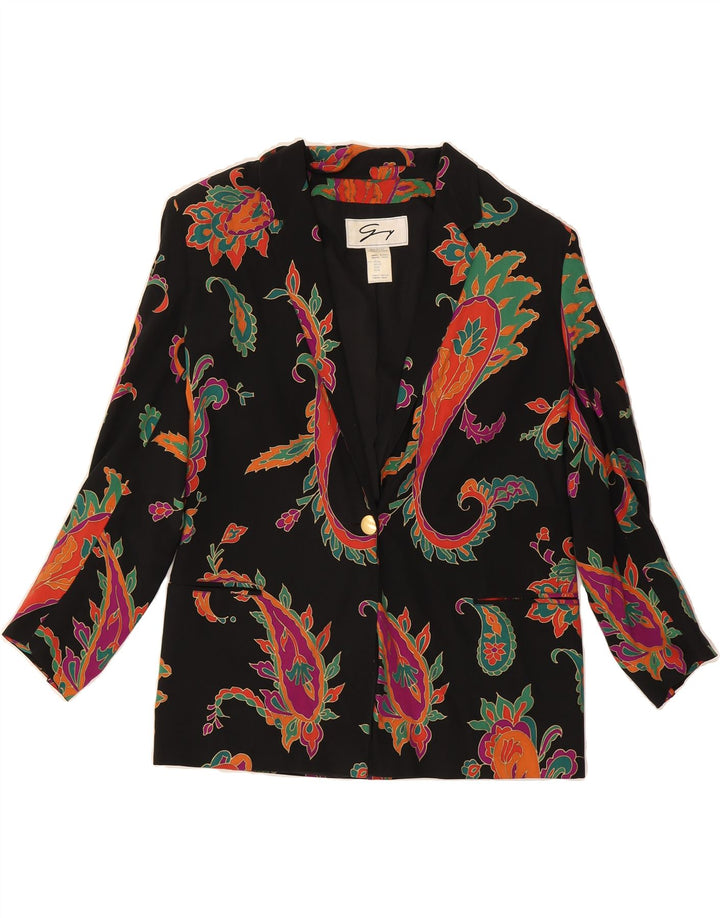 GENNY Womens 1 Button Blazer Jacket UK 14 Large Black Paisley Silk Vintage Genny and Second-Hand Genny from Messina Hembry 