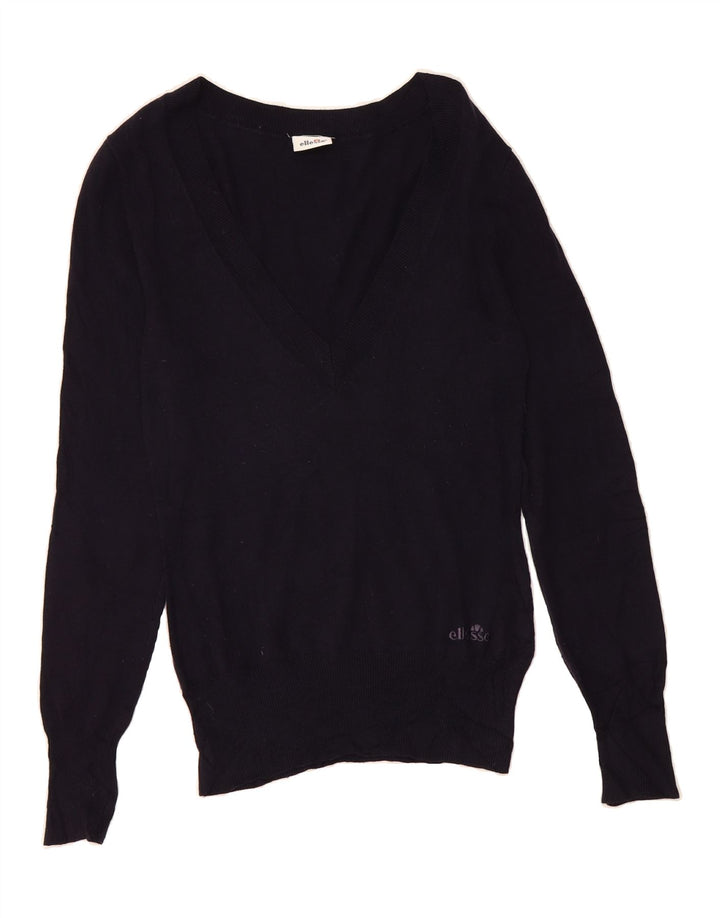 ELLESSE Womens V-Neck Jumper Sweater UK 12 Medium Navy Blue Modal Vintage Ellesse and Second-Hand Ellesse from Messina Hembry 