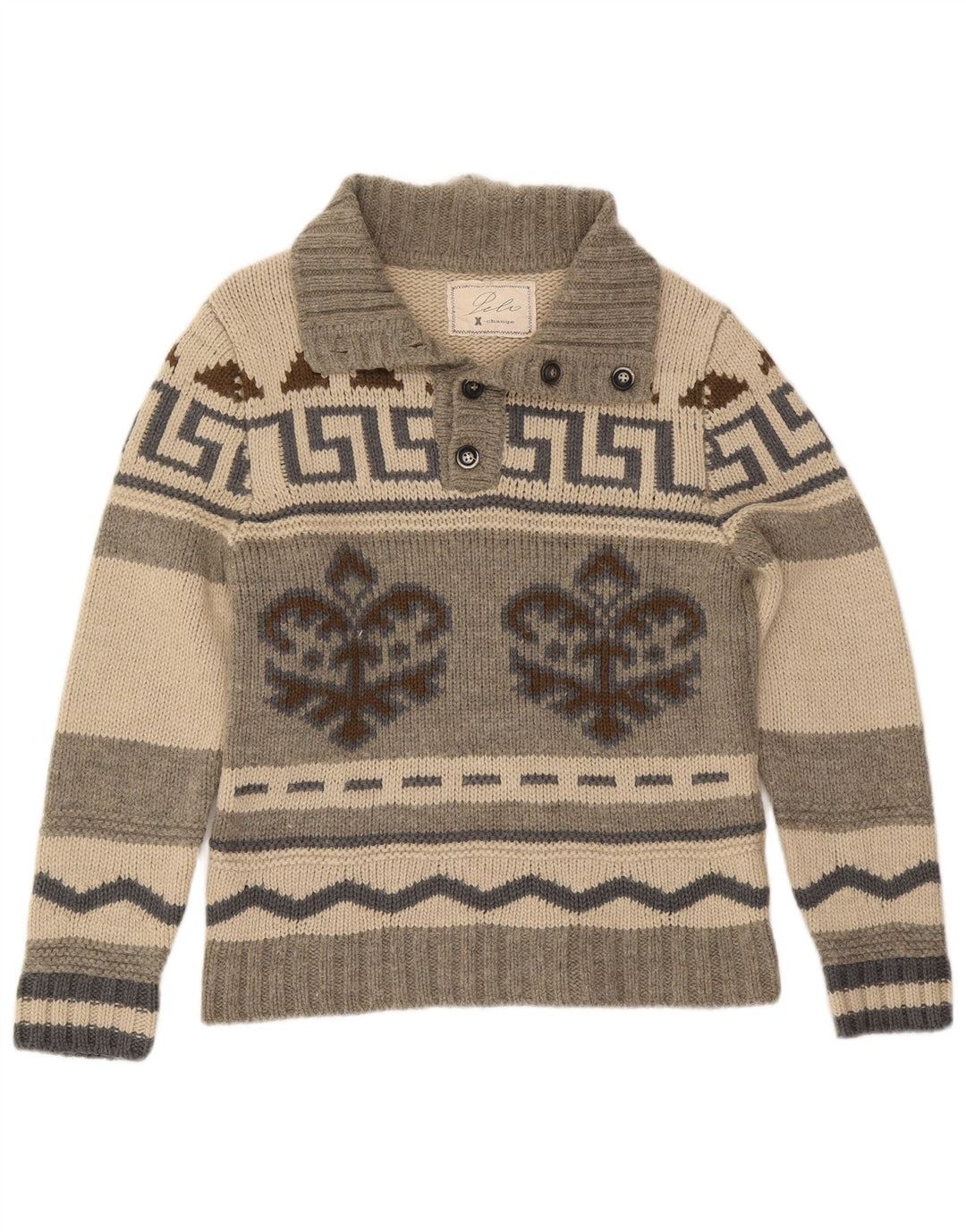 vintage Mens Button Neck Jumper Pull IT 50 Moyen Gris Fair Isle