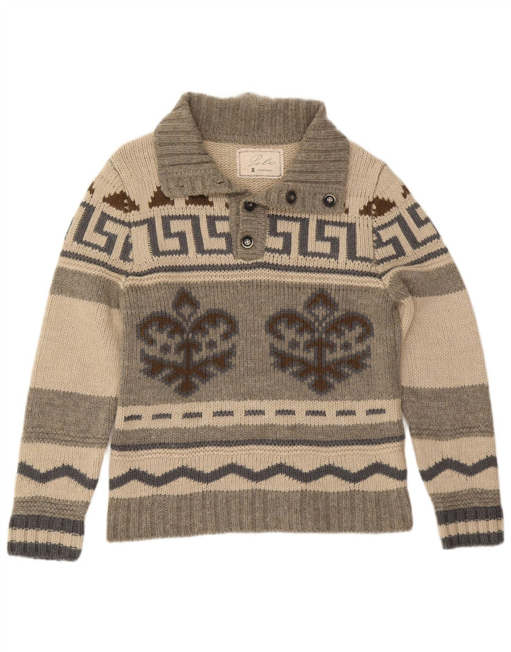 vintage Mens Button Neck Jumper Pull IT 50 Moyen Gris Fair Isle