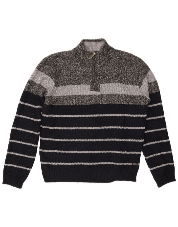 Pierre Cardin Mens Zip Neck Jumper Sweater XL Grey Striped Polyester