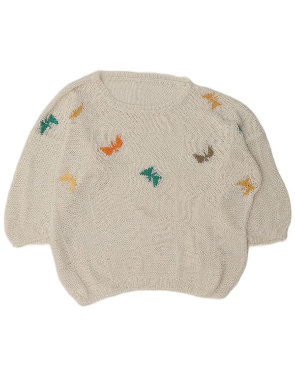 Vintage kvinders grafisk bådhals sweater UK 18 XL hvid sommerfugl