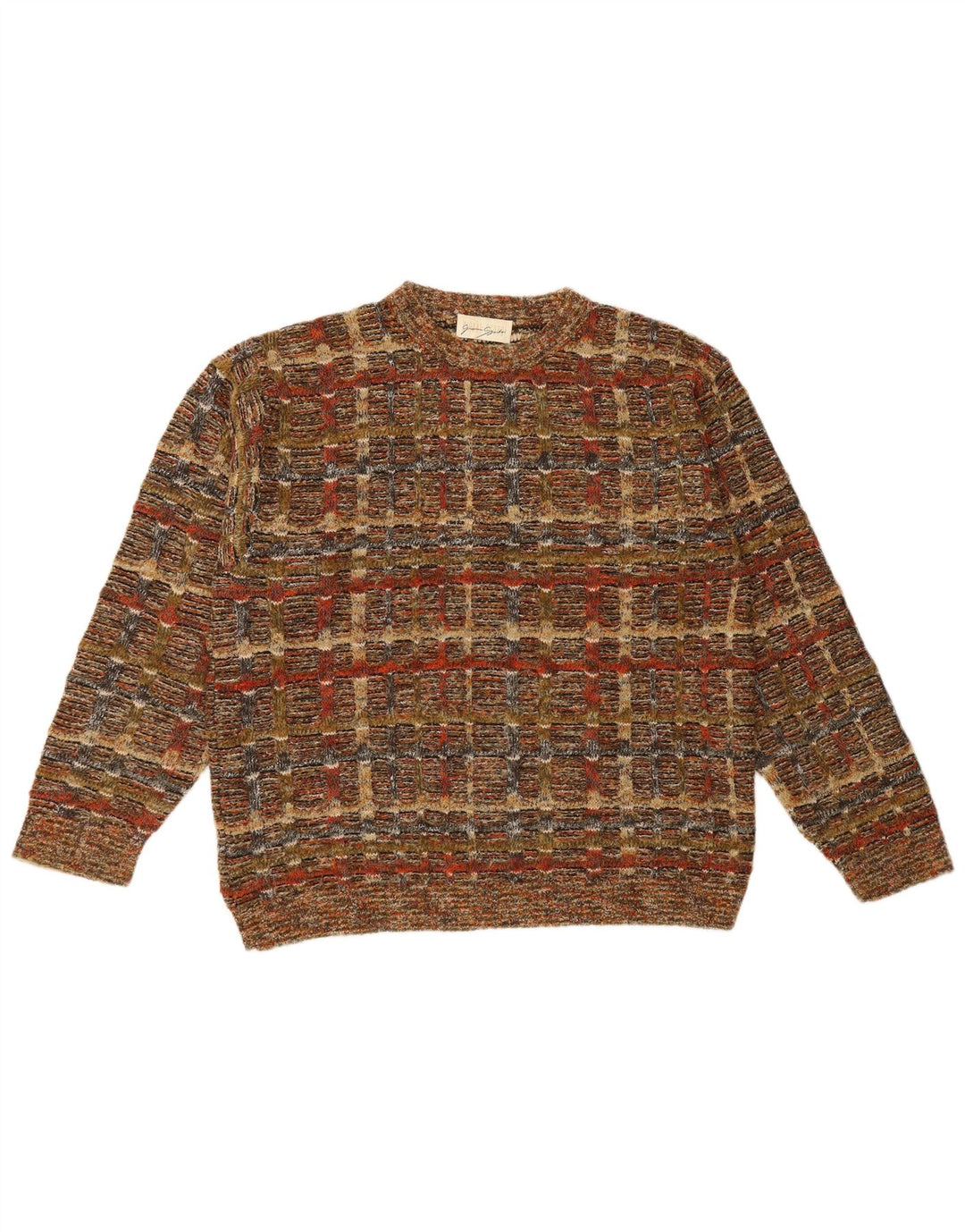 Gianni Sgarbi Mens Crew Neck Jumper Sweater IT 48 Medium Brown Check Wool