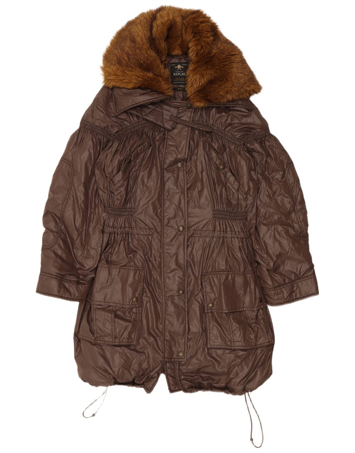 Replay Womens Hooded Oversized Windbreaker Coat UK 10 Small Brown Polyamide
