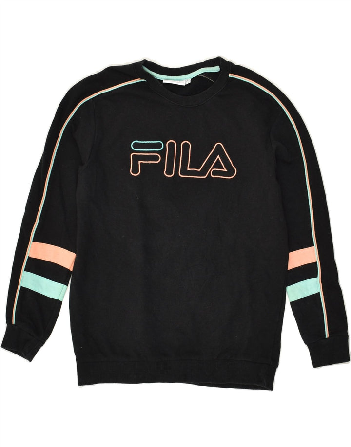 FILA Womens Graphic Sweatshirt Jumper UK 6 XS Black Cotton | Vintage Fila | Thrift | Second-Hand Fila | Used Clothing | Messina Hembry 