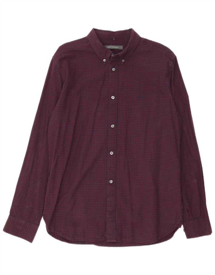 French Connection Mens Shirt Large Burgundy Gingham Cotton