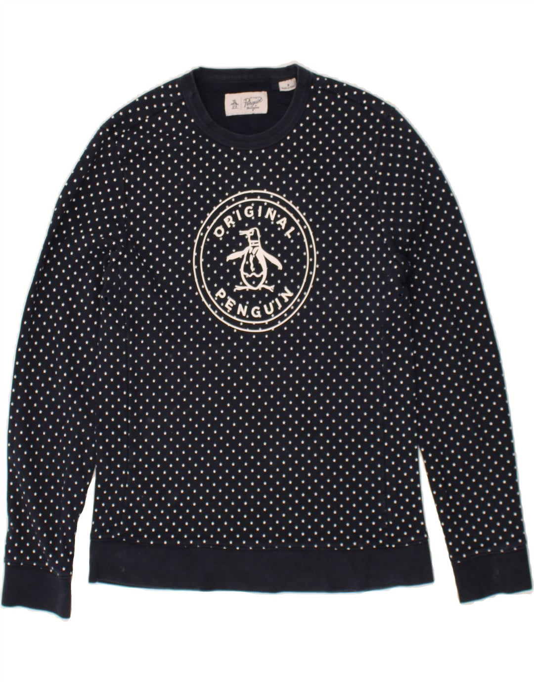 PENGUIN Womens Graphic Sweatshirt Jumper UK 14 Medium Navy Blue Polka Dot Vintage Penguin and Second-Hand Penguin from Messina Hembry 