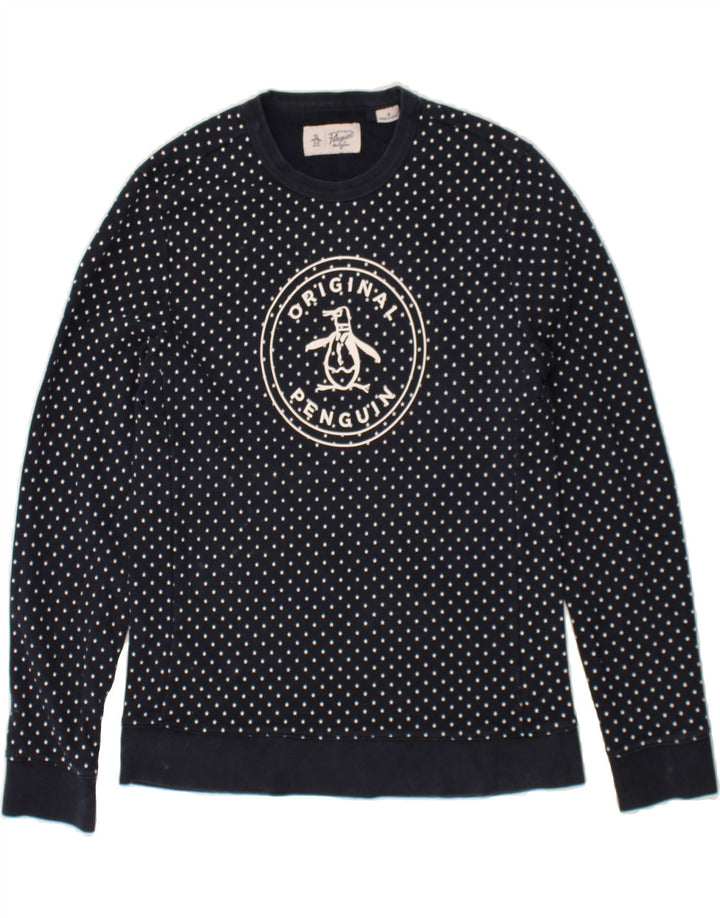 PENGUIN Womens Graphic Sweatshirt Jumper UK 14 Medium Navy Blue Polka Dot Vintage Penguin and Second-Hand Penguin from Messina Hembry 