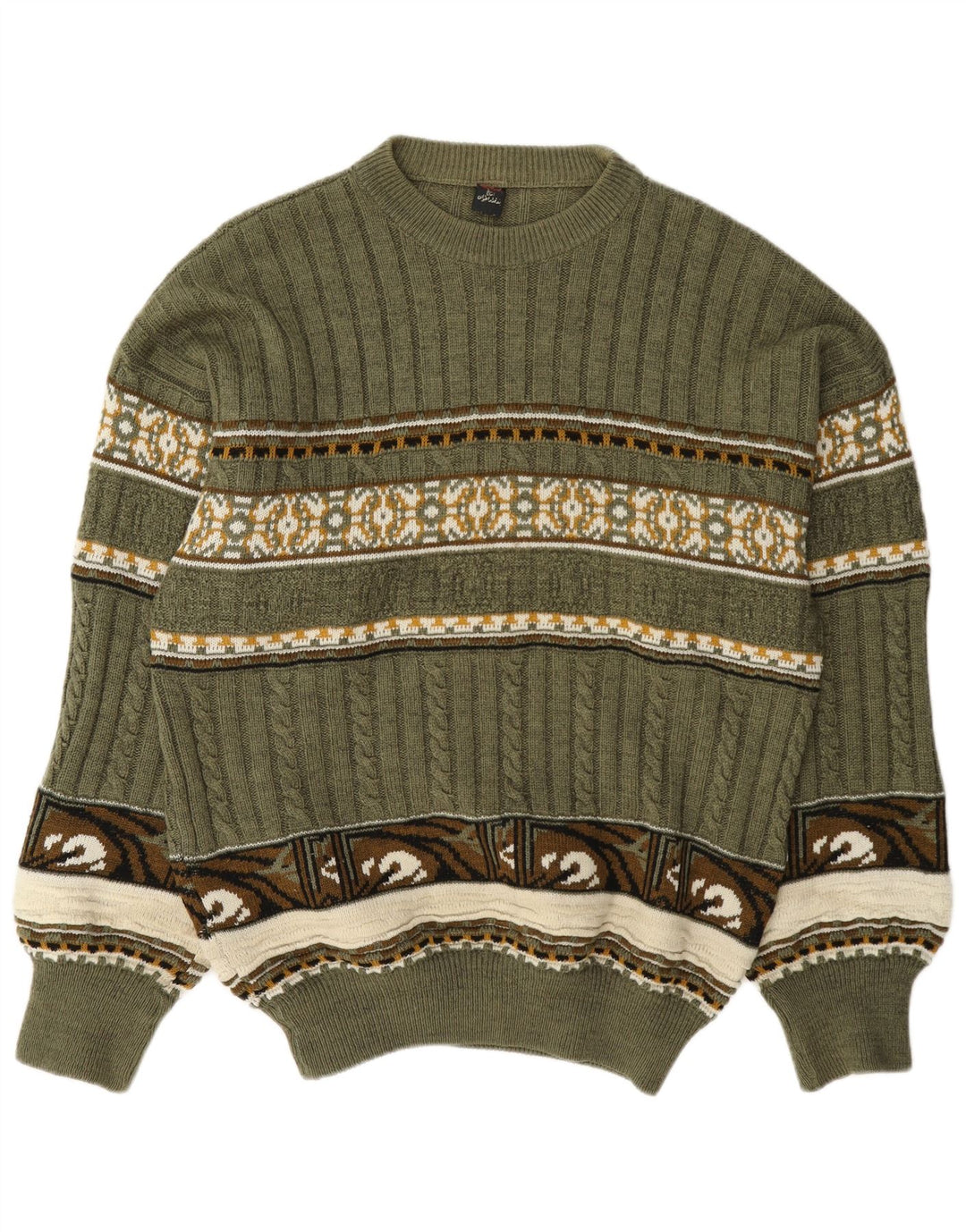 Vintage Mens Crew Neck Jumper Sweater Medium Green Fair Isle