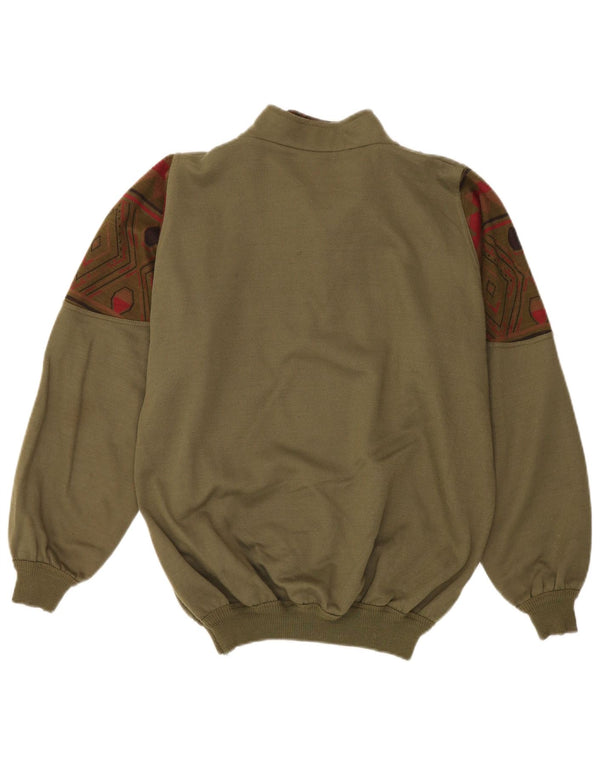Felpa con collo con zip grafica vintage da uomo, maglione grande, kaki geometrico