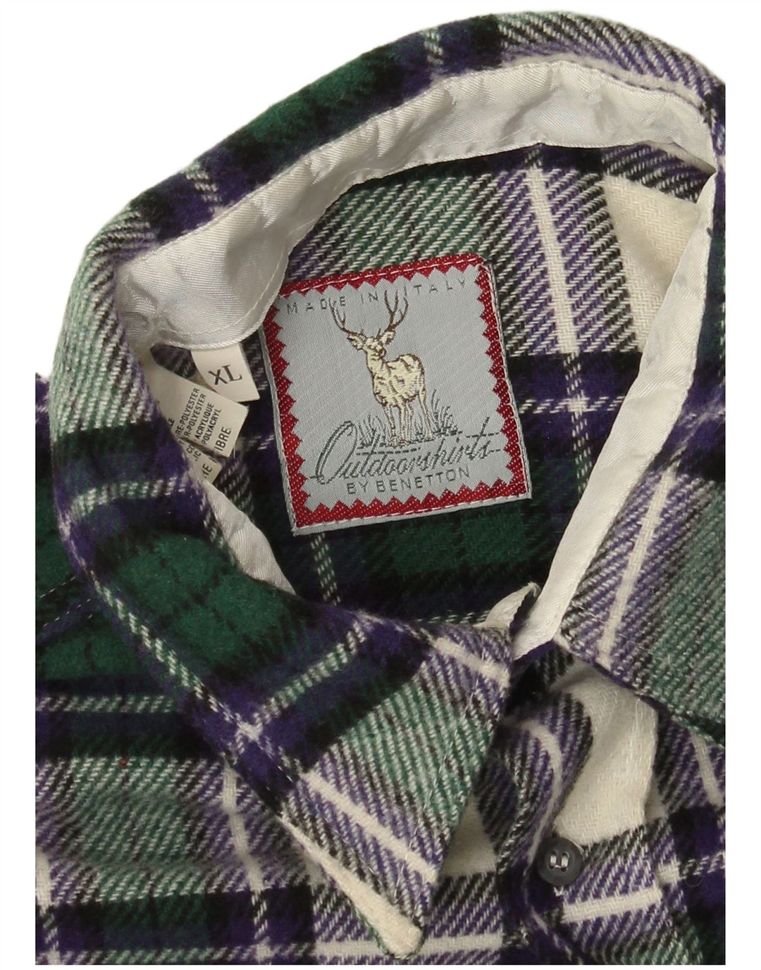 Benetton Mens Flannel Shirt XL Green Check Wool