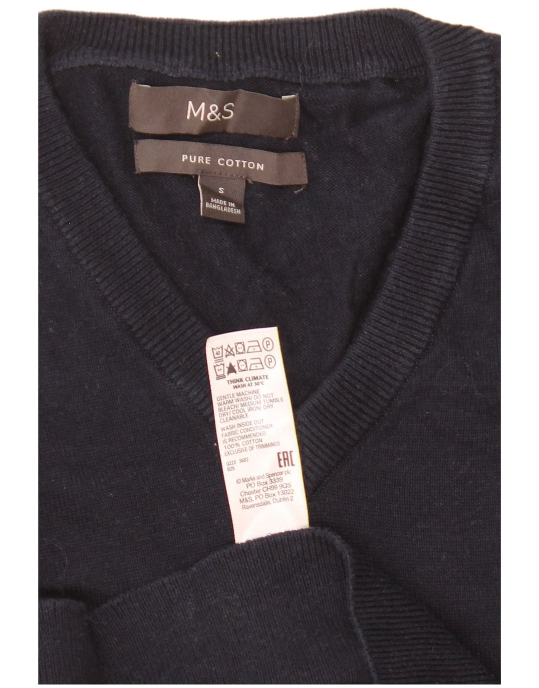 Marks & Spencer Mens V-Neck Jumper Sweater Small Navy Blue Cotton
