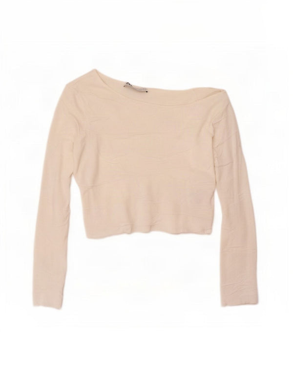 Zara Damen Langarm Crop Off Shoulder Top UK 14 Large Weiße Viskose