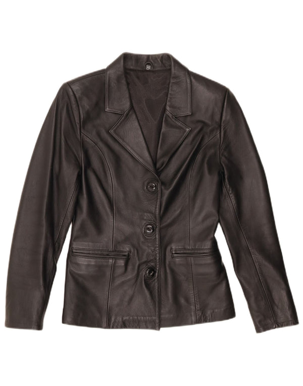 Jaqueta blazer feminina vintage de couro com 3 botões Reino Unido 6 XS preta