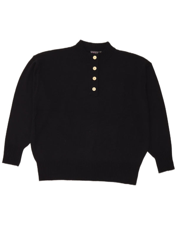 Maglione vintage da donna con collo a bottoni UK 20 2XL Acrilico blu navy