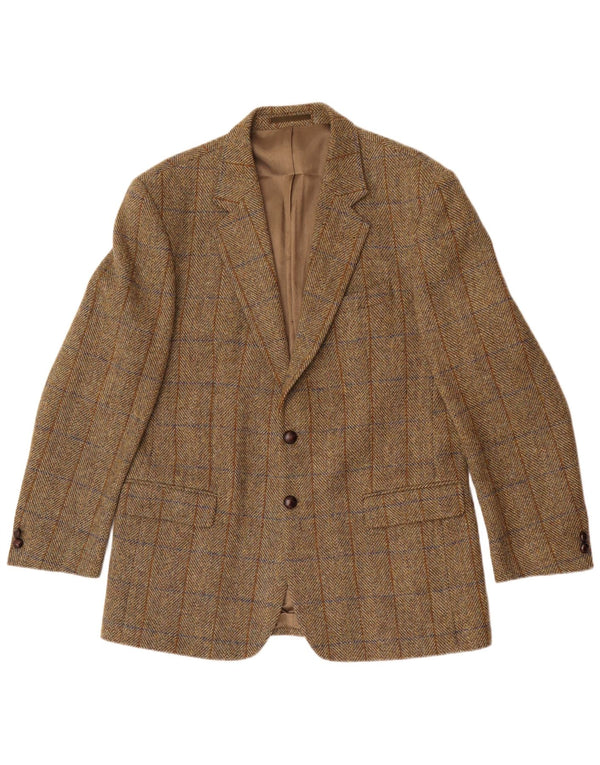 Giacca blazer lunga da uomo Harris Tweed UK 42 XL Khaki a spina di pesce