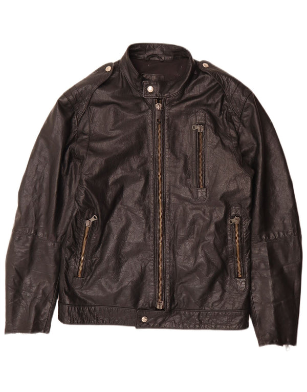 Vintage hombres cuero biker chaqueta IT 52 grande negro