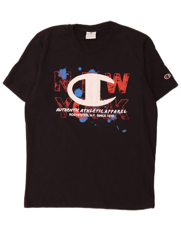Camiseta masculina gráfica Champion pequena de algodão preto