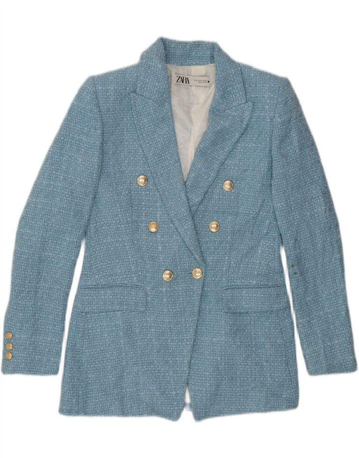 Zara Womens Double Breasted Blazer Jacket UK 14 Medium Blue Check Polyester