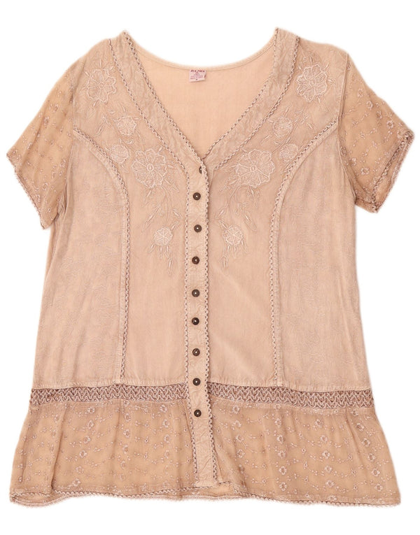 Camicetta vintage da donna a maniche corte UK 14 Viscosa floreale beige medio