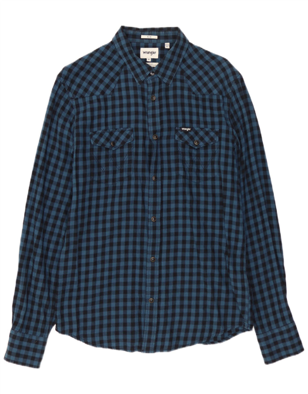 WRANGLER Mens Slim Flannel Shirt Medium Blue Gingham Cotton